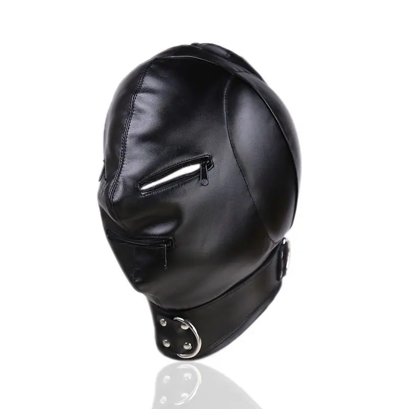 PU Leather Thickening Head Masks Funny Drawstring Sexy Men Face Cover Carnival Party Games Cosplay Adult Unisex Mask Zipper Open