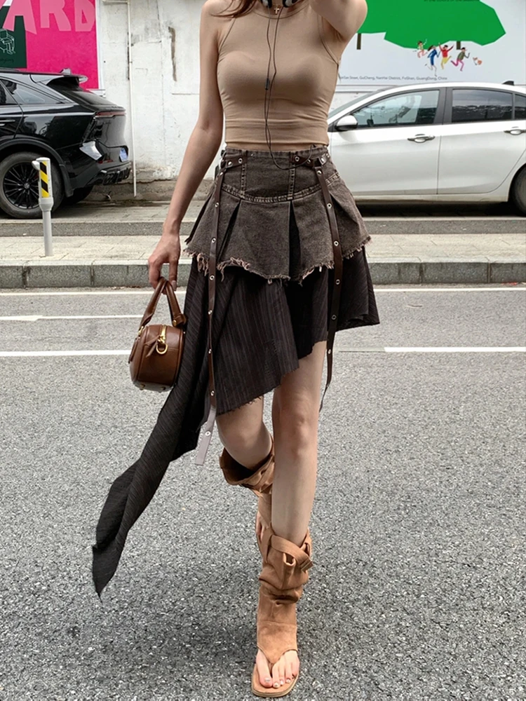 RORORIRI レトロスプライシング不規則なデニムミニスカート女性ハイウエストベルト生エッジプリーツ非対称スカートゴシックパンクストリート