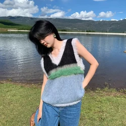Unisex Color Block Vintage V-Neck Sweater Vest Korean Fashion Trendy Knit Niche Design Spliced Loose Tops Genderless Clothing