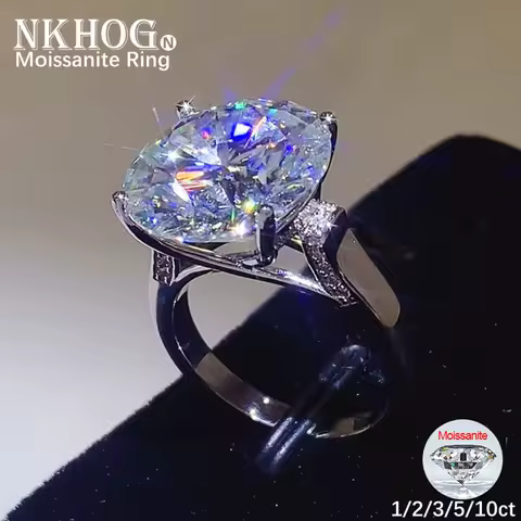 NKHOG Real 1/2/3/5/10CT Moissanite Ring S925 Silver Women Plated Au750 Big Diamond Test Pass Wedding Band Ring Gift Fine Jewelry