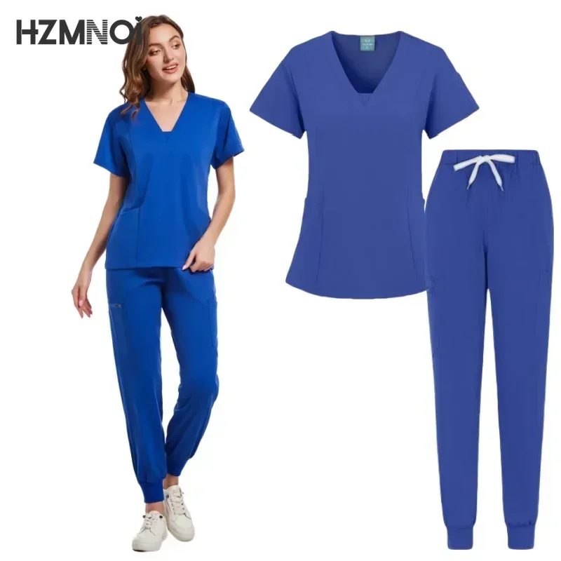 Batas quirúrgicas de Hospital para mujer, Tops de manga corta, pantalones, accesorios de enfermería, ropa para médicos, uniformes médicos, conjuntos de exfoliantes elásticos