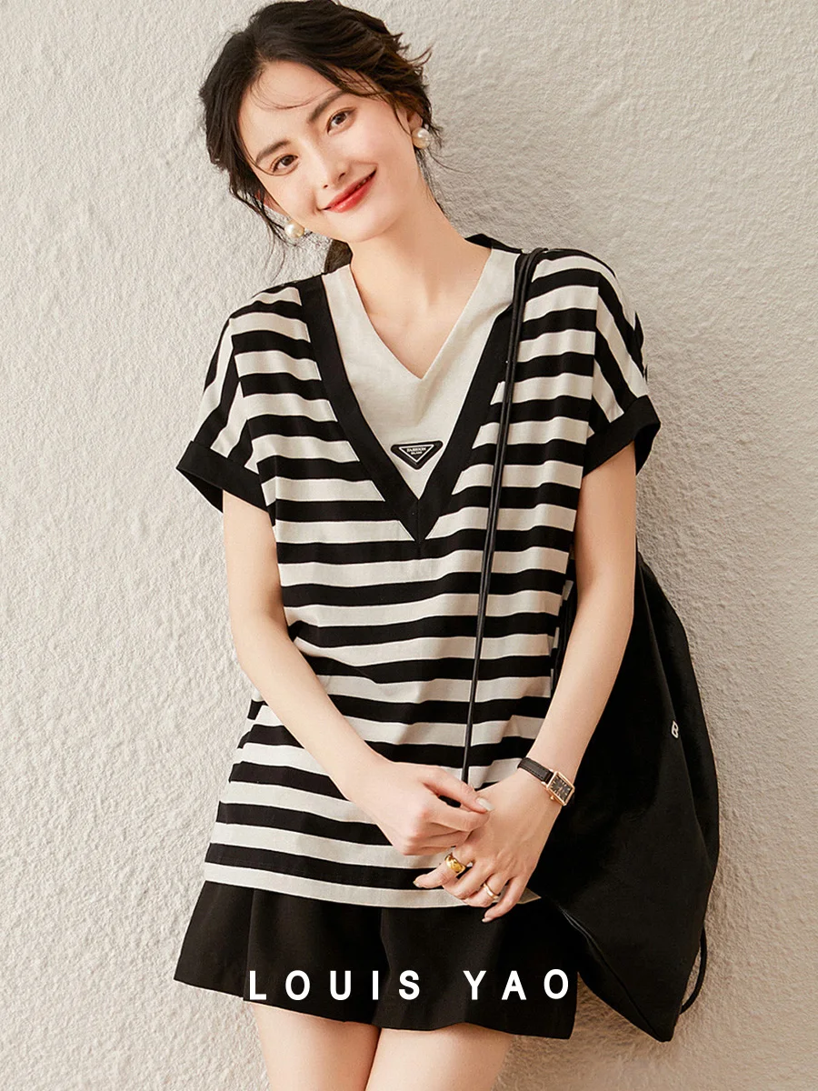 

LOUIS YAO Women's Striped T-shirt 2025 Summer Fake Two Piece Splicing Fashion Casual V-neck Women's Short Sleeved Shirt