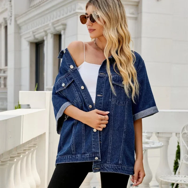 Women's Loose Short Sleeve Denim Jacket Wash Slimming Summer New Oversize Denim Shirt Trendy Comfortable Fabric Casual Jeans Top