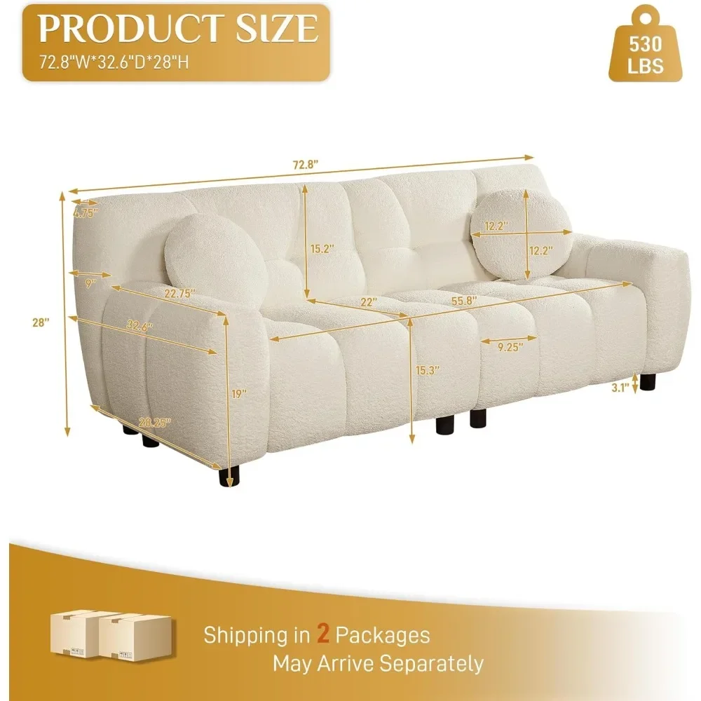 "أريكة مريحة 72.8" منجدة من شيربا ذات مقعدين من مارشميلو، مقعد كبير الحجم"