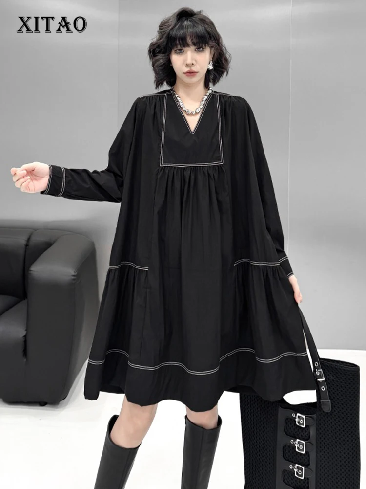 

XITAO Loose V-neck Folds Female Dress Elegant Temperament A-line Women Casual Fashion Slimming Long Sleeve Pullover GMM1322