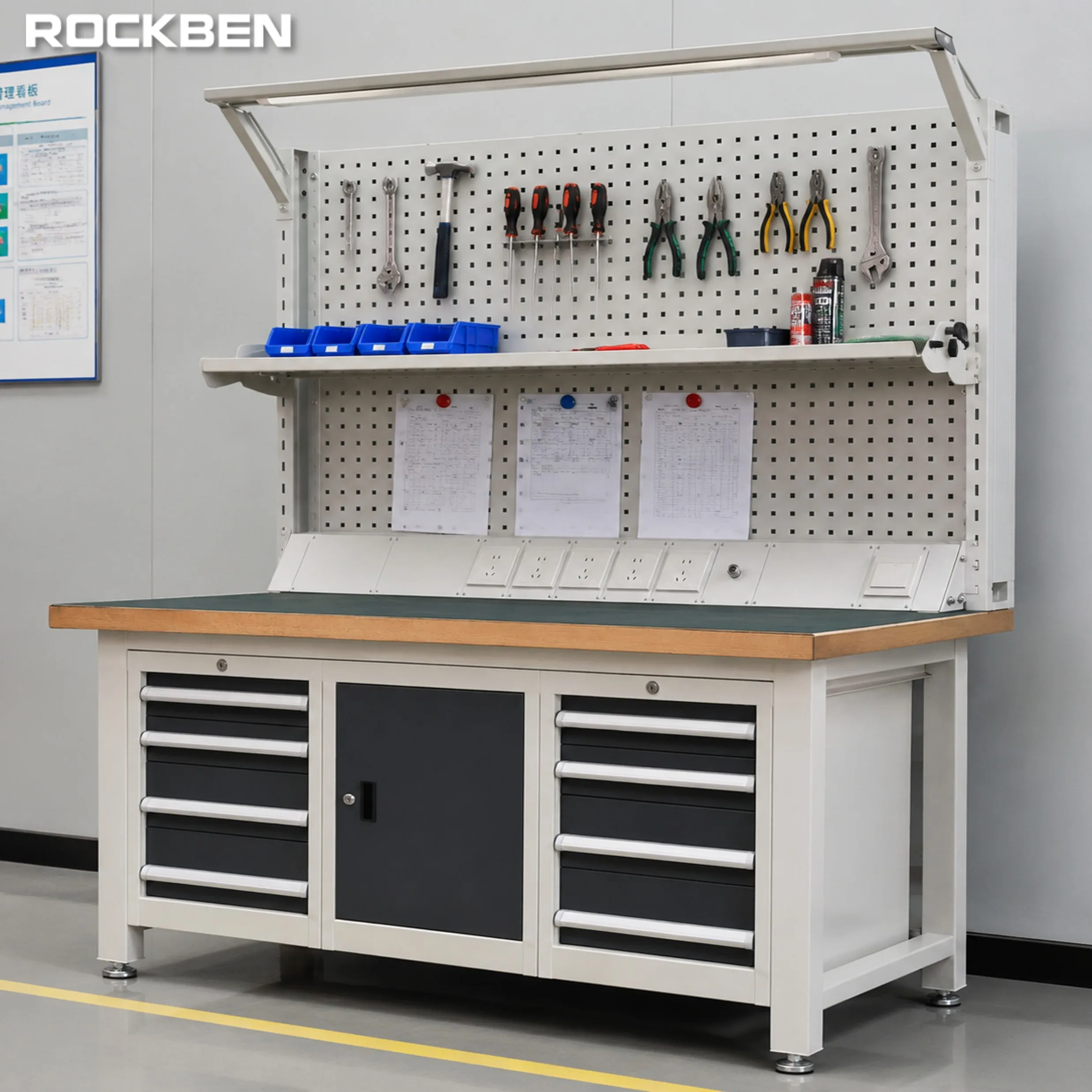 ROCKBEN Industrial Work Table Ultra Wear Resistant Tabletop Mechanical Workbench With 8-Drawers Table For Workshop Factory