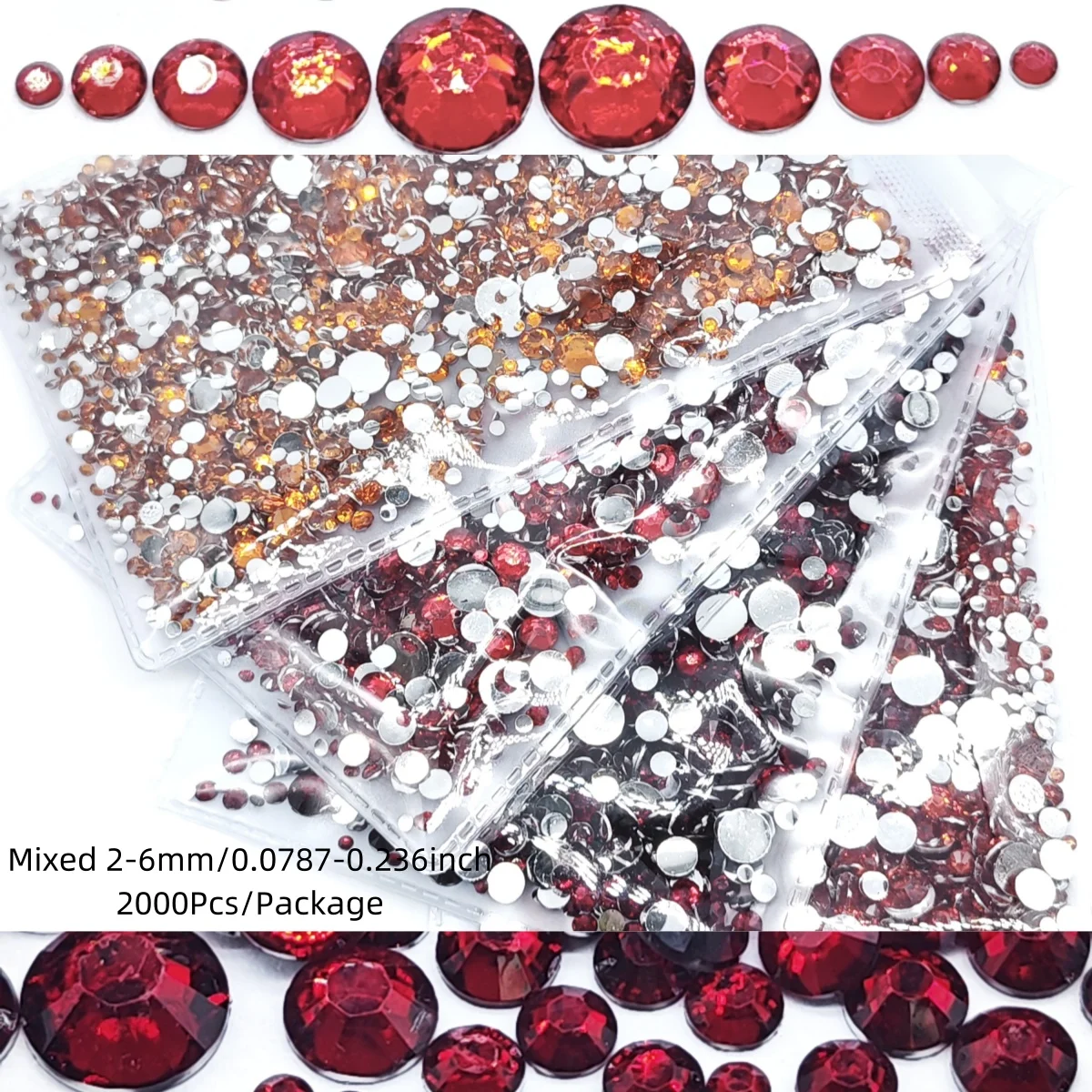 2000 piezas de diamantes de imitación de resina de base plana de 2-6 mm, mezcla de colores: plateado, naranja, Siam claro, Siam oscuro, rojo, circonita suelta para decoración de uñas, ropa y calzado.