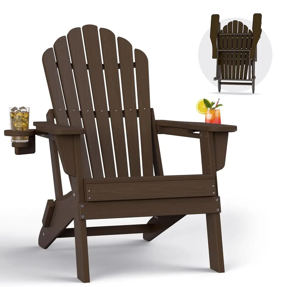 

Outdoor HDPE Folding Adirondack Chair Set of 4, High Back Wide Seat Patio Chair with Cup Holders, AllWeather Fire Pit Chair for