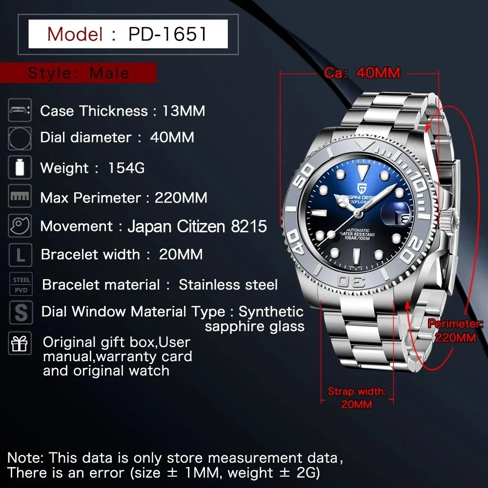 PAGANI DESIGN Original 40MM männer Automatische Mechanische Uhren Luxus Edelstahl Wasserdichte Uhr für Männer Reloj PD1651