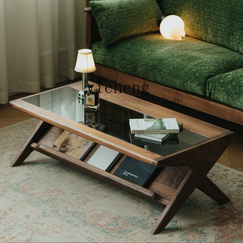 

ZK solid wood coffee table living room household Nordic glass tea table small apartment modern simple tea table