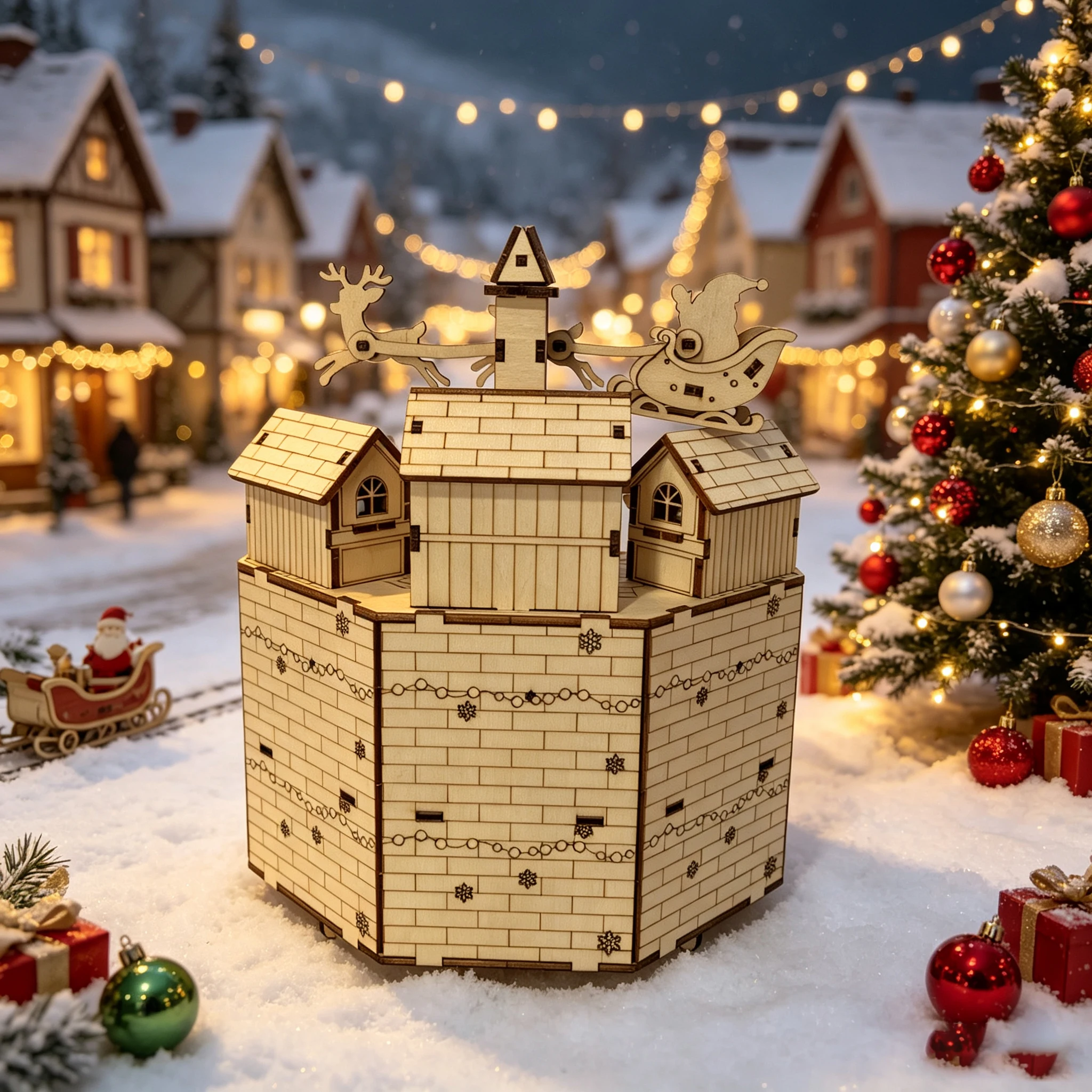 Wooden Christmas Town 3D Puzzl - Music Box Wooden 3D Puzzle Rotating 评论和价格