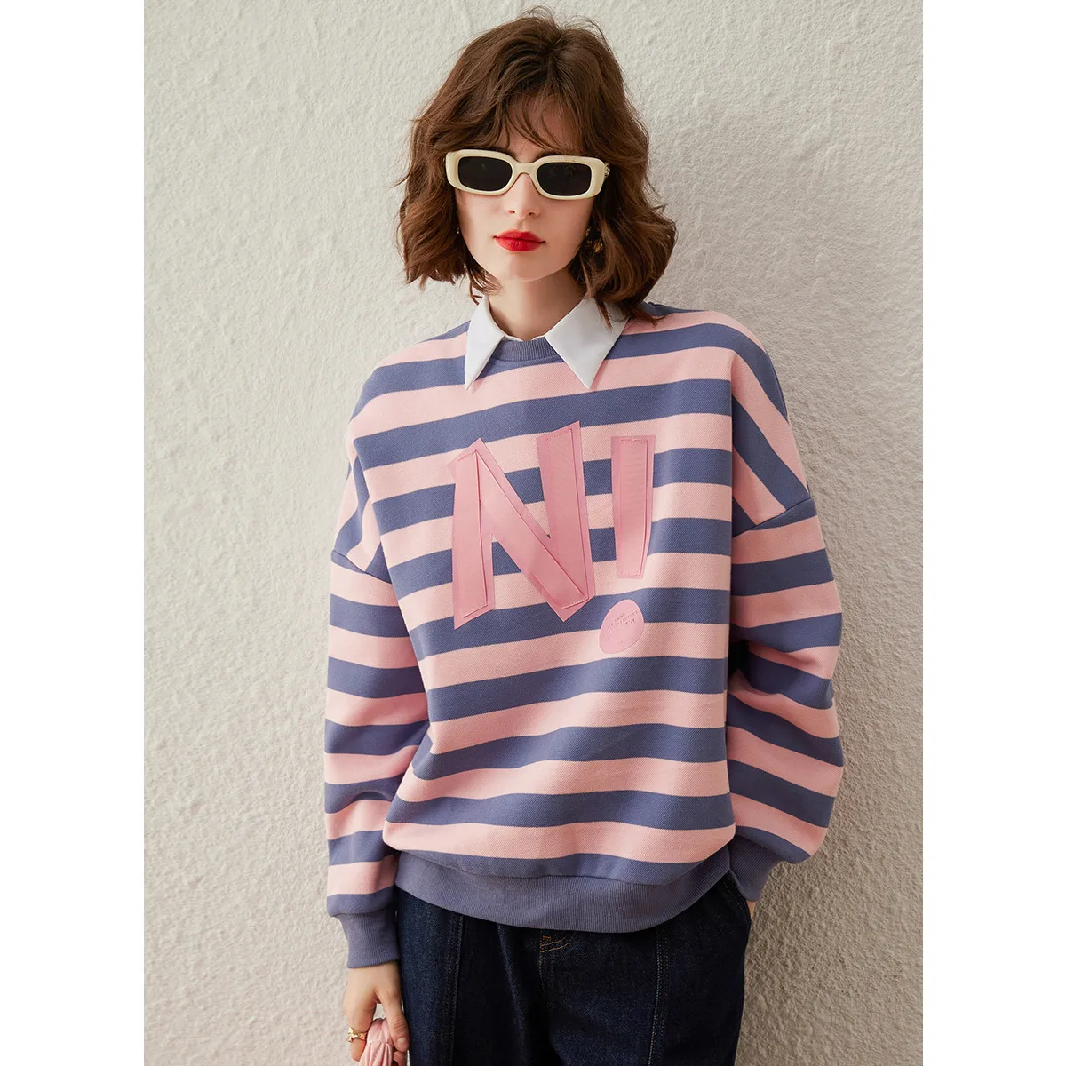 LOUIS YAO Women Striped Sweatshirt 2023 Autumn Letter Print Sequin Embroidery Round Neck Top