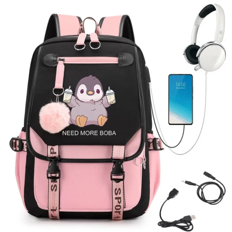 Zaino per ragazze Boba Pinguino Bubble Tea Anime Borse da scuola carine per studenti Adolescenti Tasche per ragazze Zaino per laptop da donna Borsa Harajuku