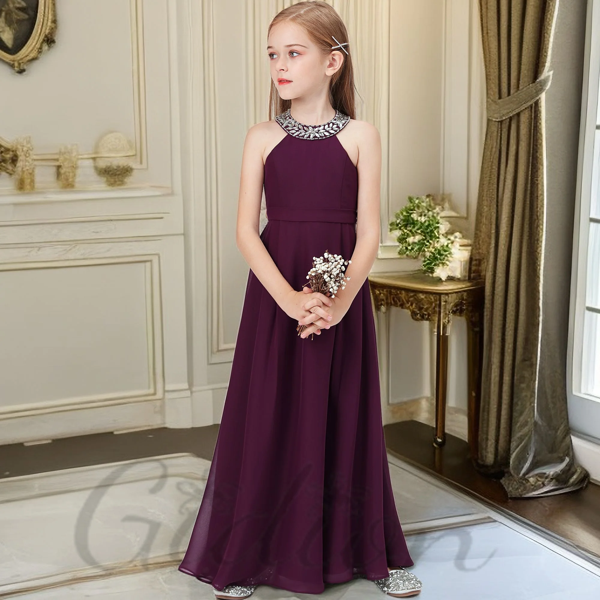 Robe de Demoiselle d'Honneur en Mousseline de Soie, Longueur au Sol, Ligne A, pour Enfant, Soirée, Anniversaire, Cérémonie, Bal, Concours, Bal