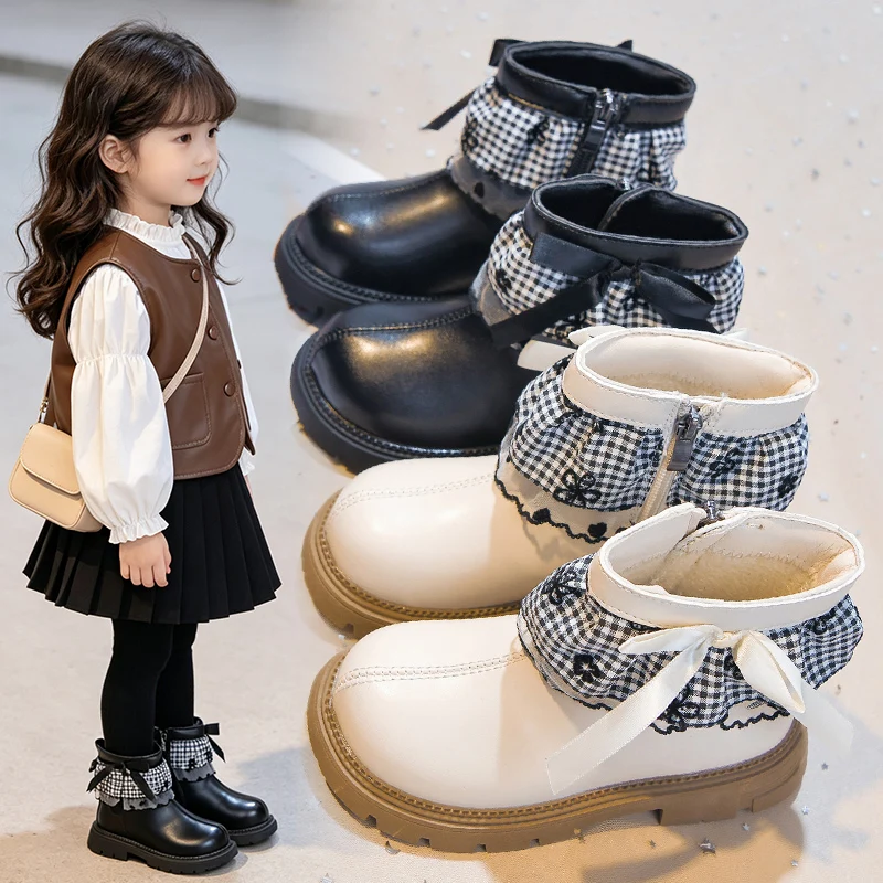 Toddler Girls Plaid Lace Fleece Lined Ankle Boots, Bow Decor Side Zipper Warm Winter Dress Boots for Party Daily Wear