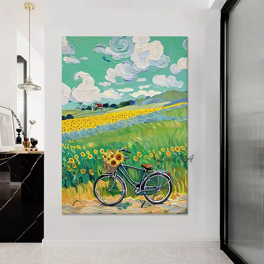 

Abstract Village Scenery Painting Acrylic Decor Frameless Modern Sunflowers Landscape Art Wall 3D Bicycles Design Canvas Picture