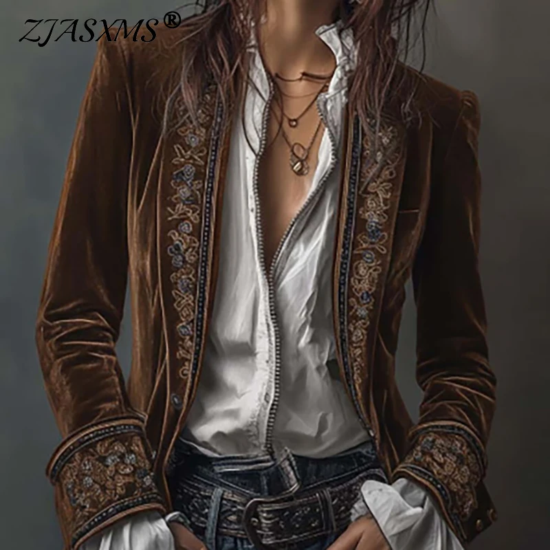 العرقية الرجعية الأزهار طباعة المخملية امرأة السترة سترة مثير محززة طوق سليم الخريف ملابس خارجية طويلة الأكمام الشتاء بالأزرار معطف