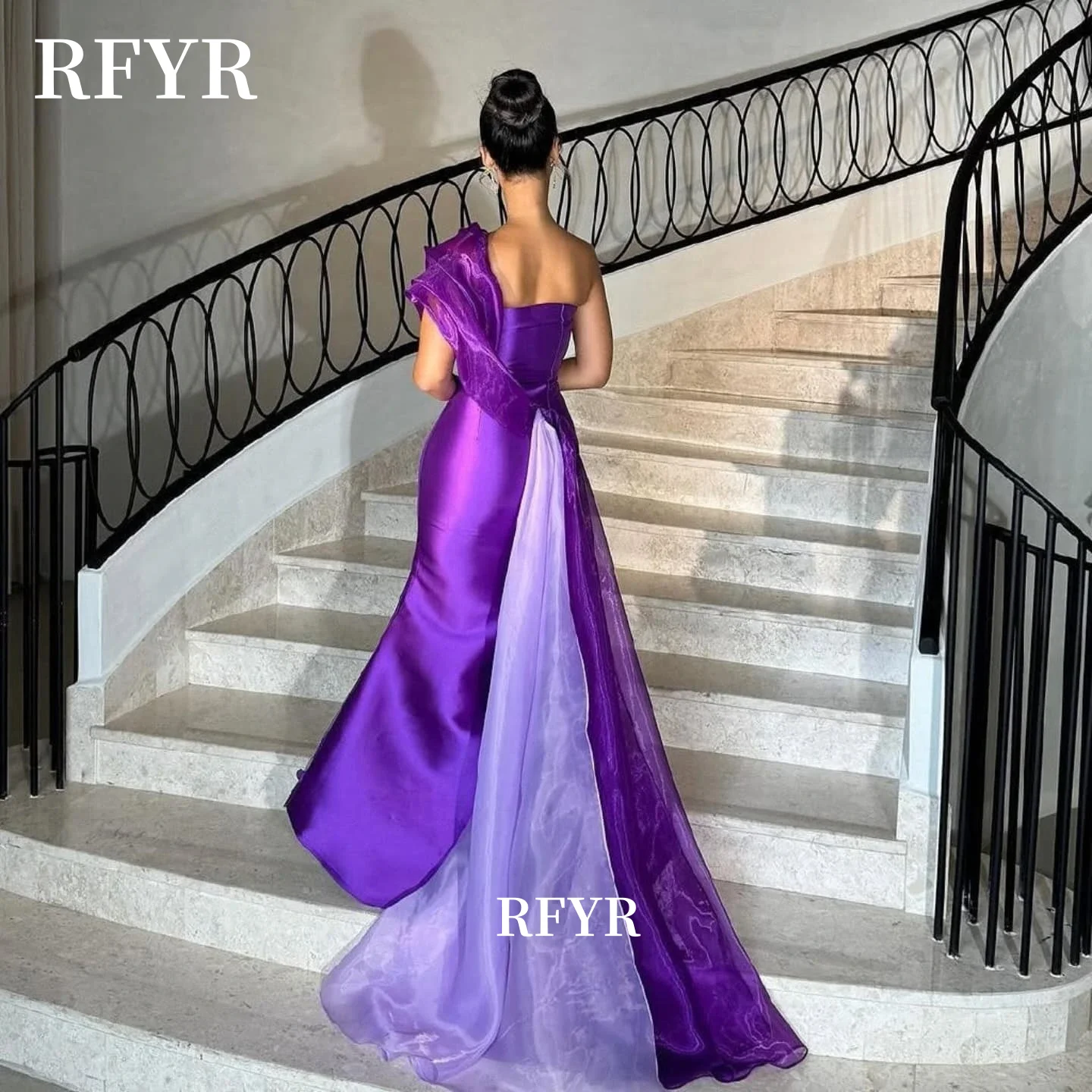 ชุดเดรสงานเลี้ยงลายดอกไม้ 3 มิติ RFYR สีม่วง ชุดราตรีทรงเมอร์เมดพร้อมชายกระโปรงยาวด้านหลัง สามารถสั่งตัดได้