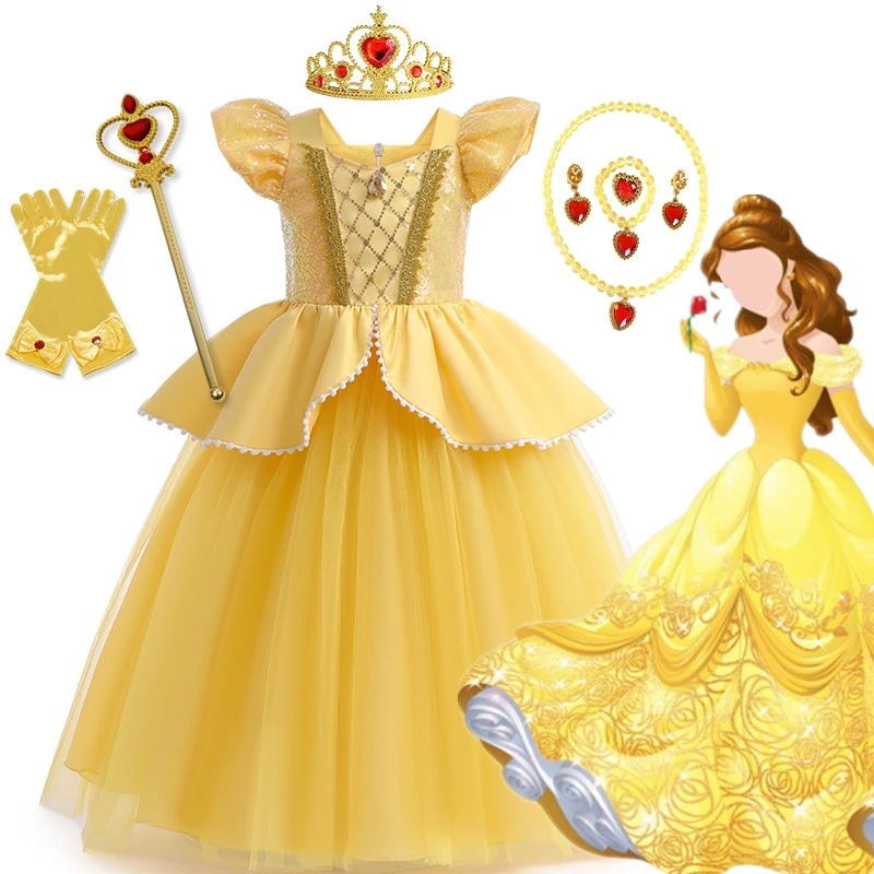 Princess Costumes Halloween Cosplay Belle Dress Beauty and The Beast Kids Dress for 3-10Y Girls Birthday Party Children Clothing