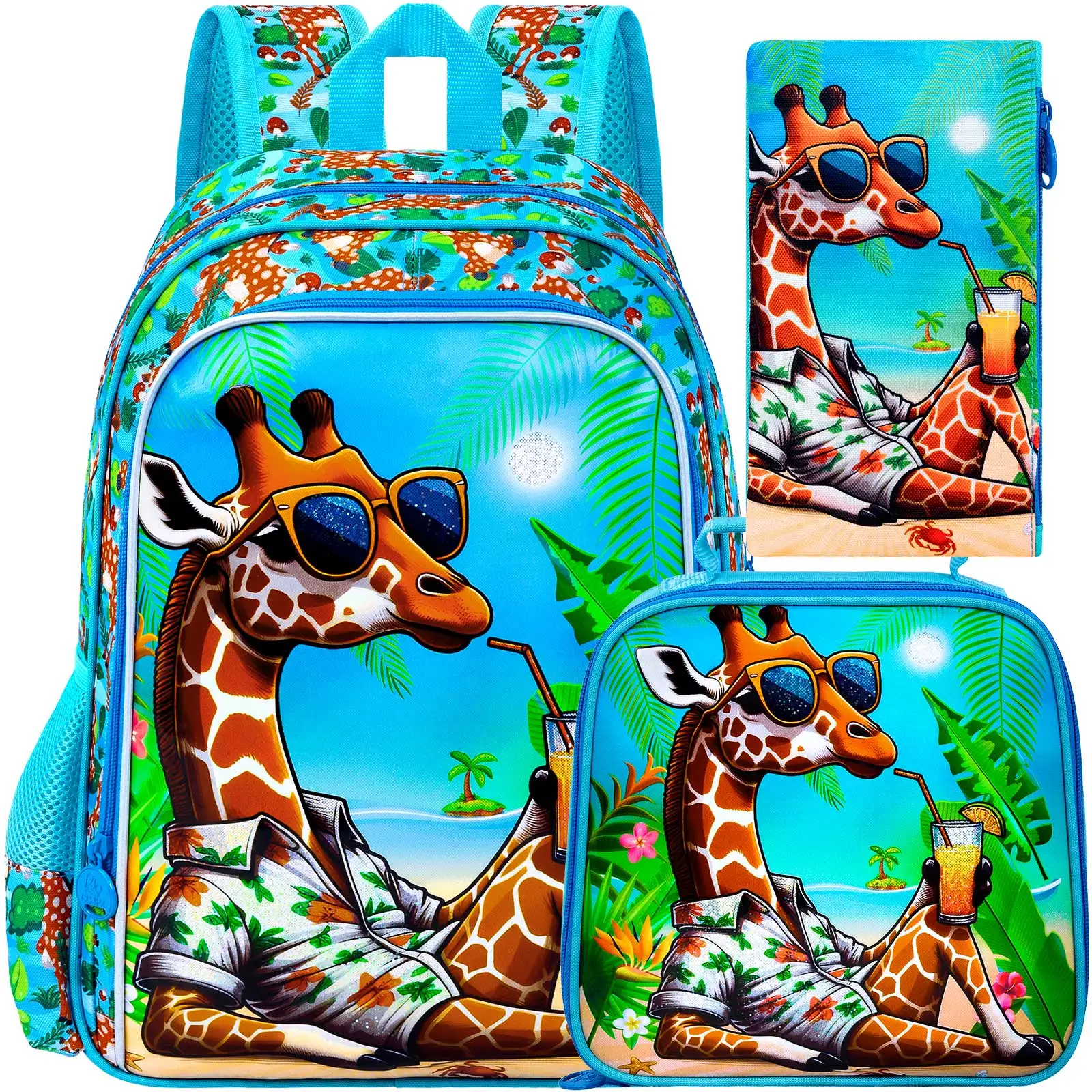 3PCS Kid's backpack for boys cool sunglasses giraffe beach print set, includes handbag and pen pouch, lightweight school backpac