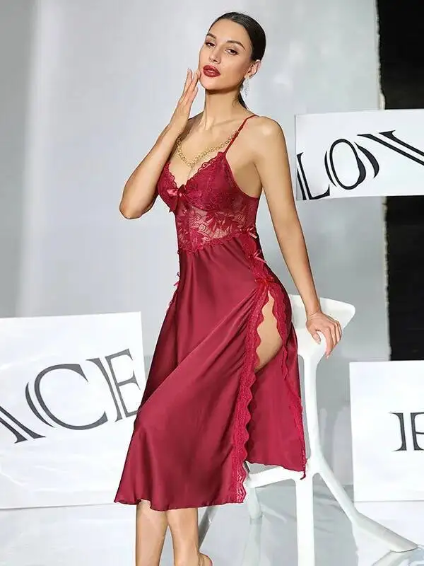 Sexy Spitze Patchwork Hohe Schlitz Nachthemd Mit Brust Pads Satin Strap Langes Kleid Einfarbig Backless Ärmelloses Kleid Charme MY1F