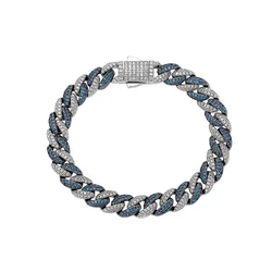 Hip Hop Blue White CZ Stone Bling Iced Out 9mm Two Tone Round Cuban Miami Link Chain Bracelets for Men Rapper Jewelry Gift