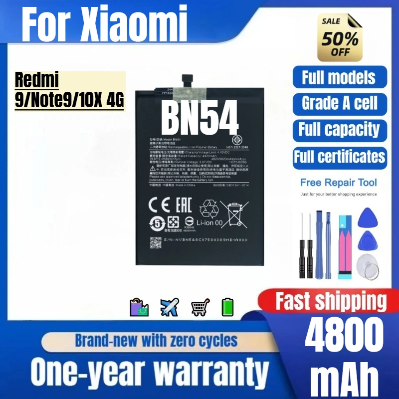 BN54 for Xiaomi Redmi 9/Note9/10X 4G Phone Battery 0cycle High Quality High Capacity Replacement Bateria Grade A Cell with Tools
