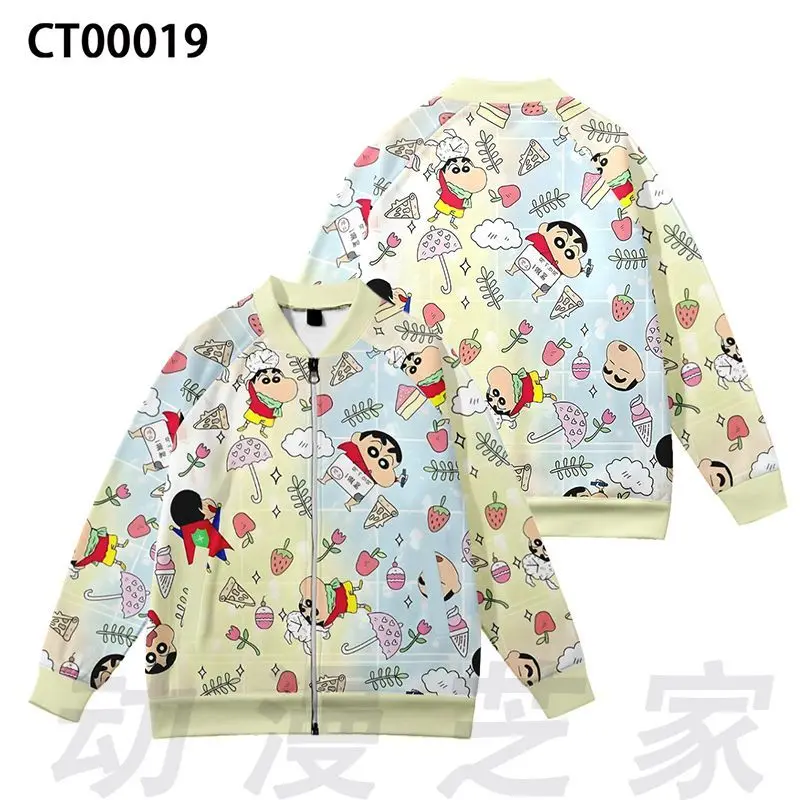 Harajuku Style Crayon Shinchan Anime Character All Over Print Zipper Baseball Coat Loose Long Sleeve Casual Streetwear Outerwear