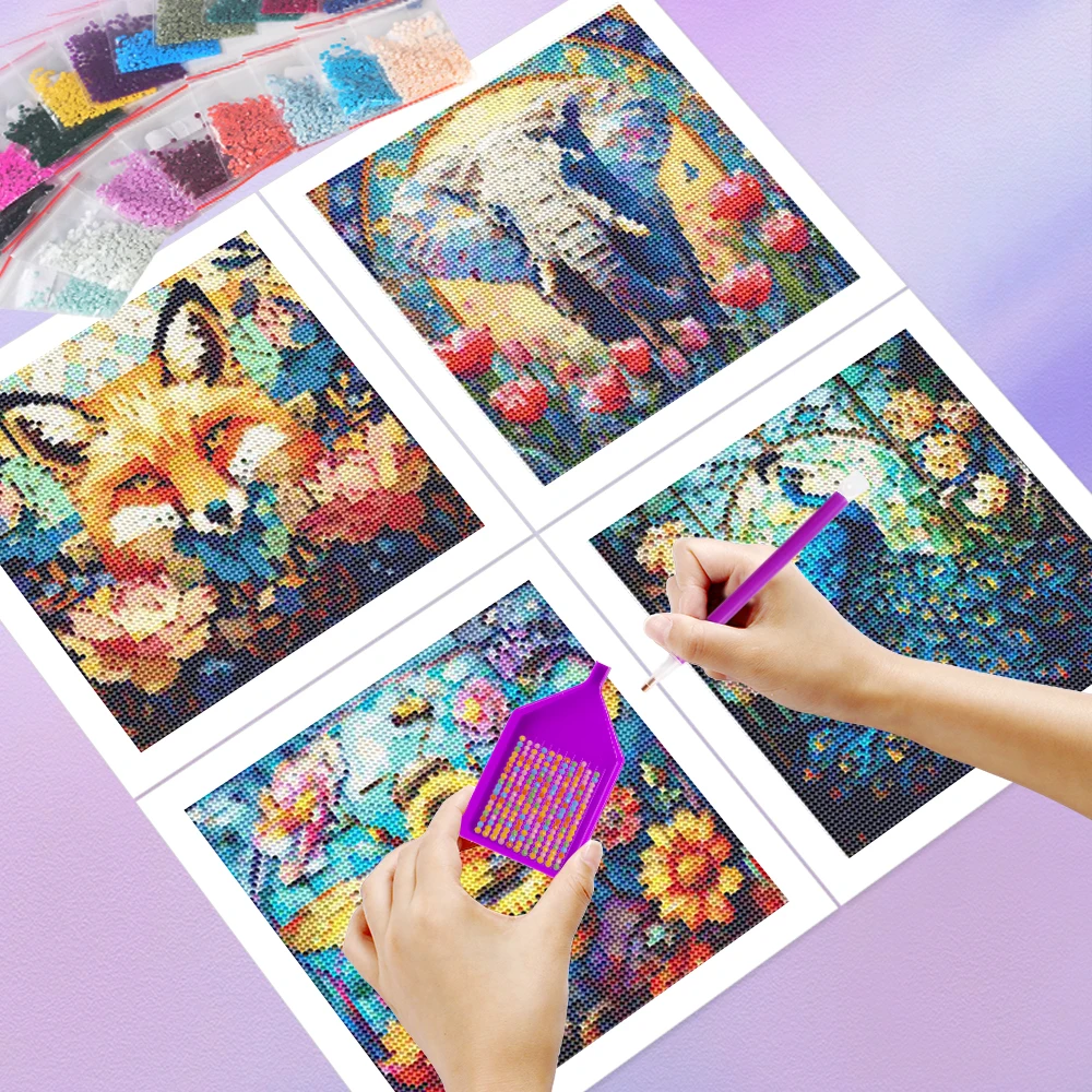 HUACAN 4PCS Diamond Painting 5d Animal Elephant Peacock Flower Full Round Drill Home Decor Rhinestones Pictures Mosaic Bee Fox