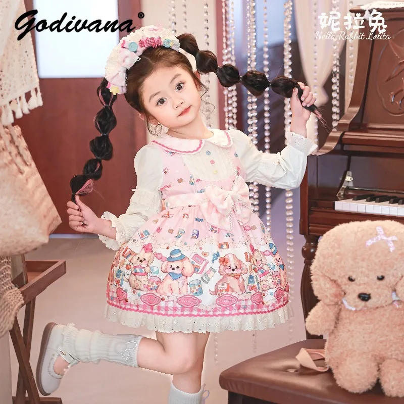 Original 2026 New Cute Sweet Little Girl Lolita Princess Dress Cartoon Puppy Print O-neck Lace Edge Bow Long Sleeve Short Dress