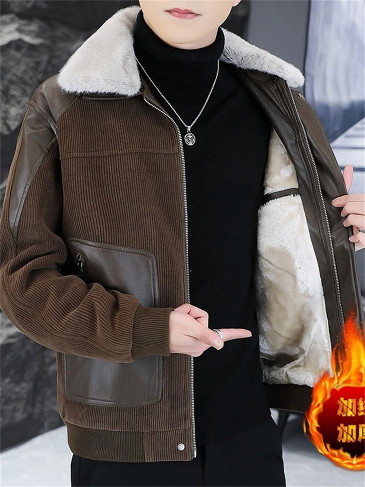 2023 High Quality PU Patchwork Woolen Jacket for Men Winter Thickened and Warm Trench Coat Detachable Fur Collar Casual Overcoat