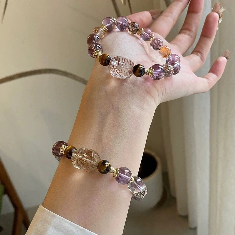 Natural Amethyst Bracelet, Unisex  Amethyst, Yellow Tower Crystal, Tiger's Eye Stone, Black Gold Super Seven Bracelet