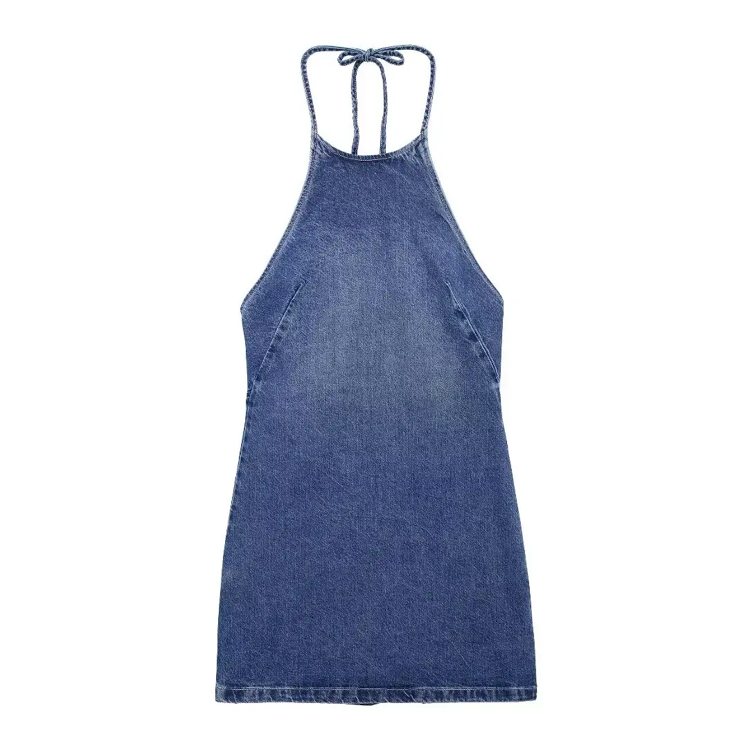 Damen neue Mode lässig Joker Schnür Denim Mini kleid Retro ärmellose rücken freie Damen kleid Vestidos Mujer