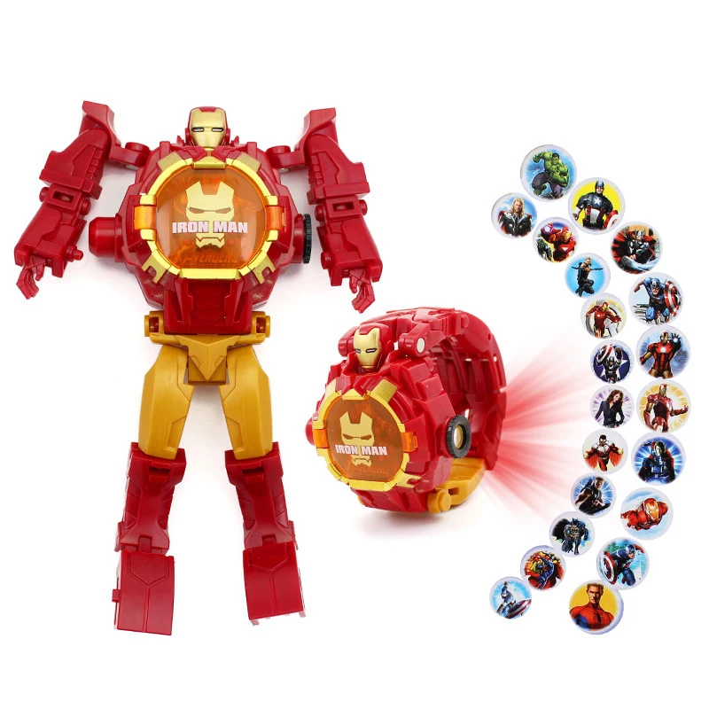 Disney Marvel Deformation Robot Projection Electronic Watch Spider Man Iron Man Captain America Anime Kids Toys Gifts