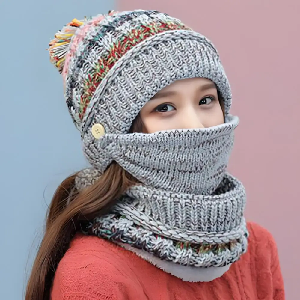 Comfortable Woolen Set Cozy Winter Accessories Set Knitting Hat Scarf Face Guard with Plush Lining Furry Ball Decor Stay Warm