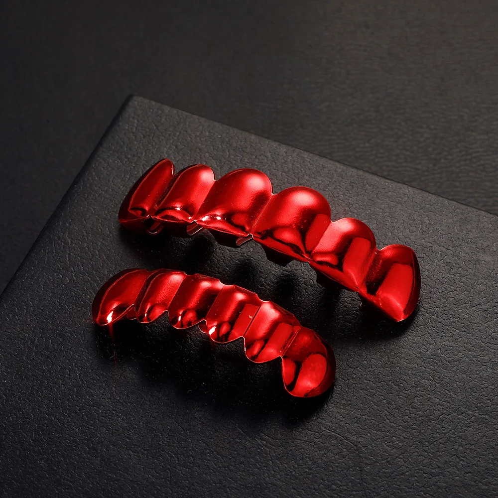 Red Copper Grillz Set Unisex 6 Teeth Upper Lower Tooth Caps Smooth Polished Hip Hop Dental Jewelry Halloween Costume Accessories