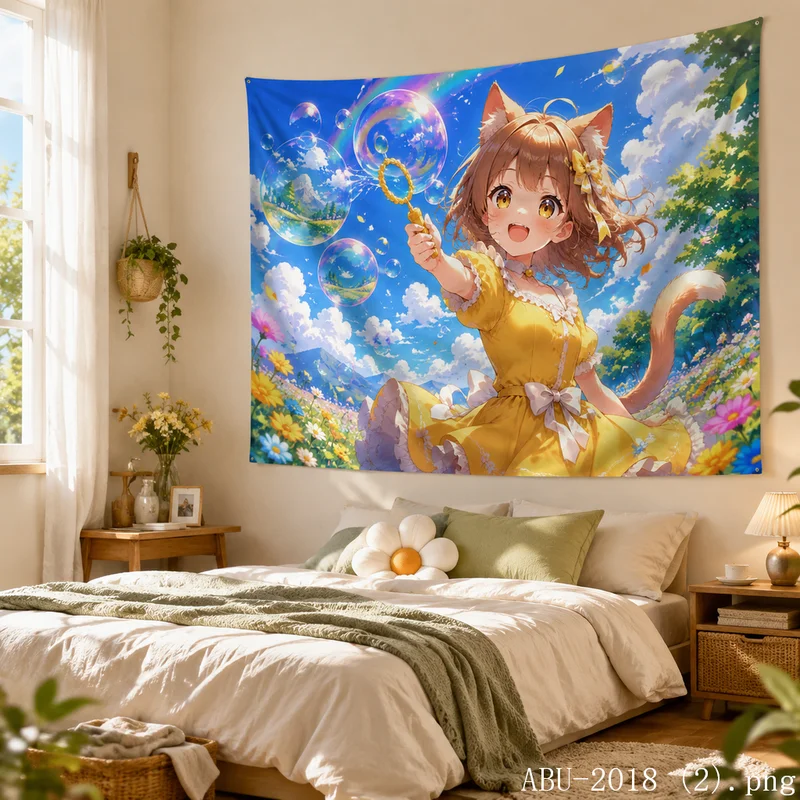 VIKAMA Candy Land Cat Ear Girl Tapestry Rainbow Sweets House Wall Hanging Kawaii Anime Kids Room Sweet Aesthetic Decor