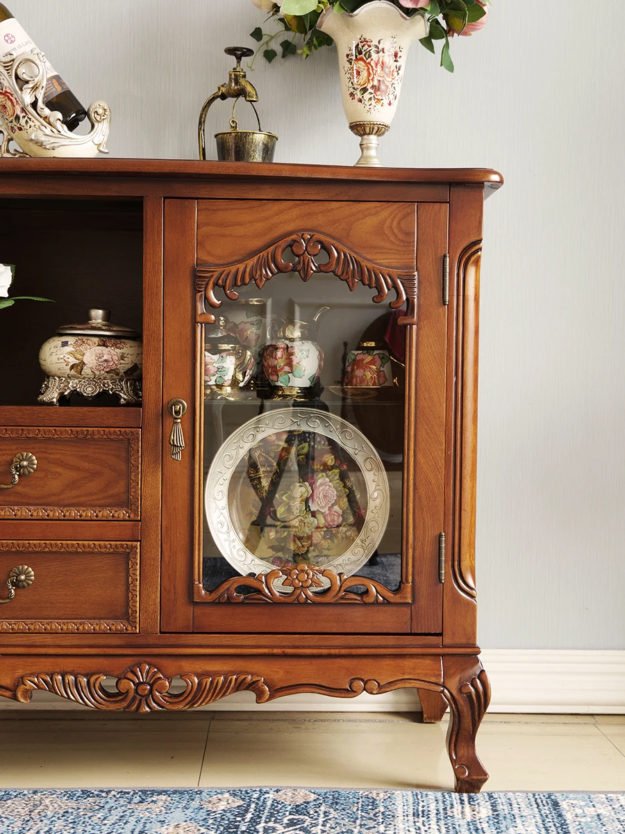 American sideboard, solid wood, rustic European, classic kitchen, dining room, wine cabinet, tea storage, storage glass door