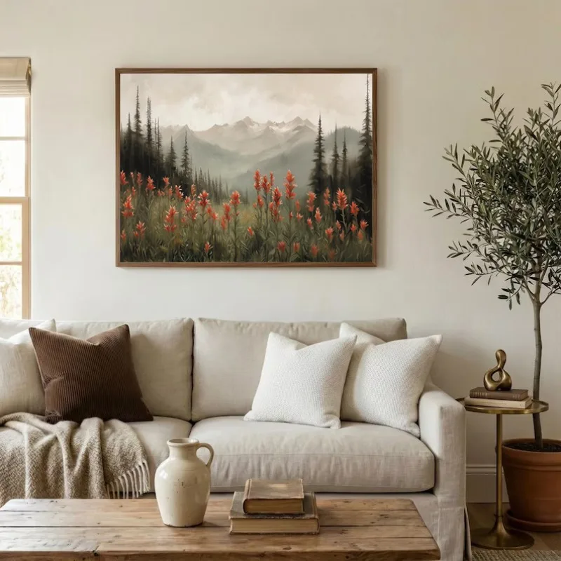 Vintage Landscape Wildflower Indian Paintbrush Misty Mountain Pine Tree Forest Poster Canvas Painting Wall Pictures Home Decor
