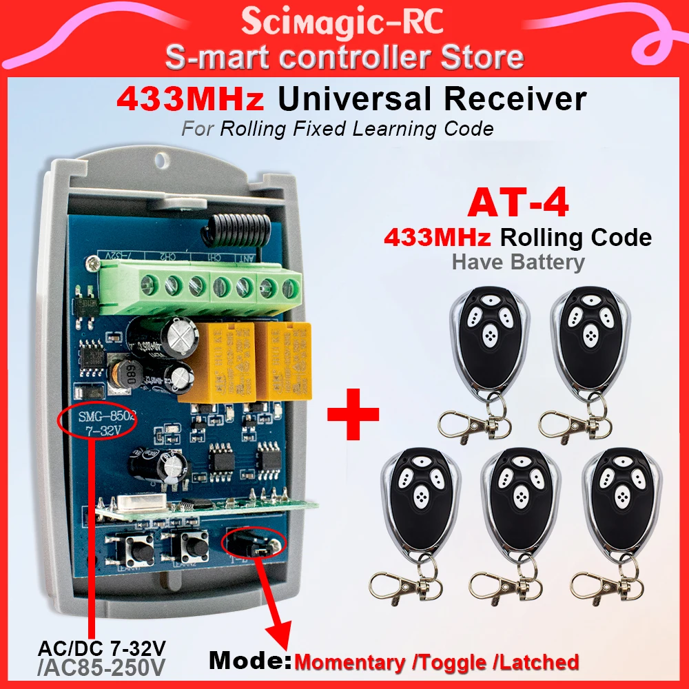 5pcs AT-4 Rolling Code Remote Control Work with 2CH 433MHz Universal Rf Relay Receiver With Momentary / Toggle / Latched Mode