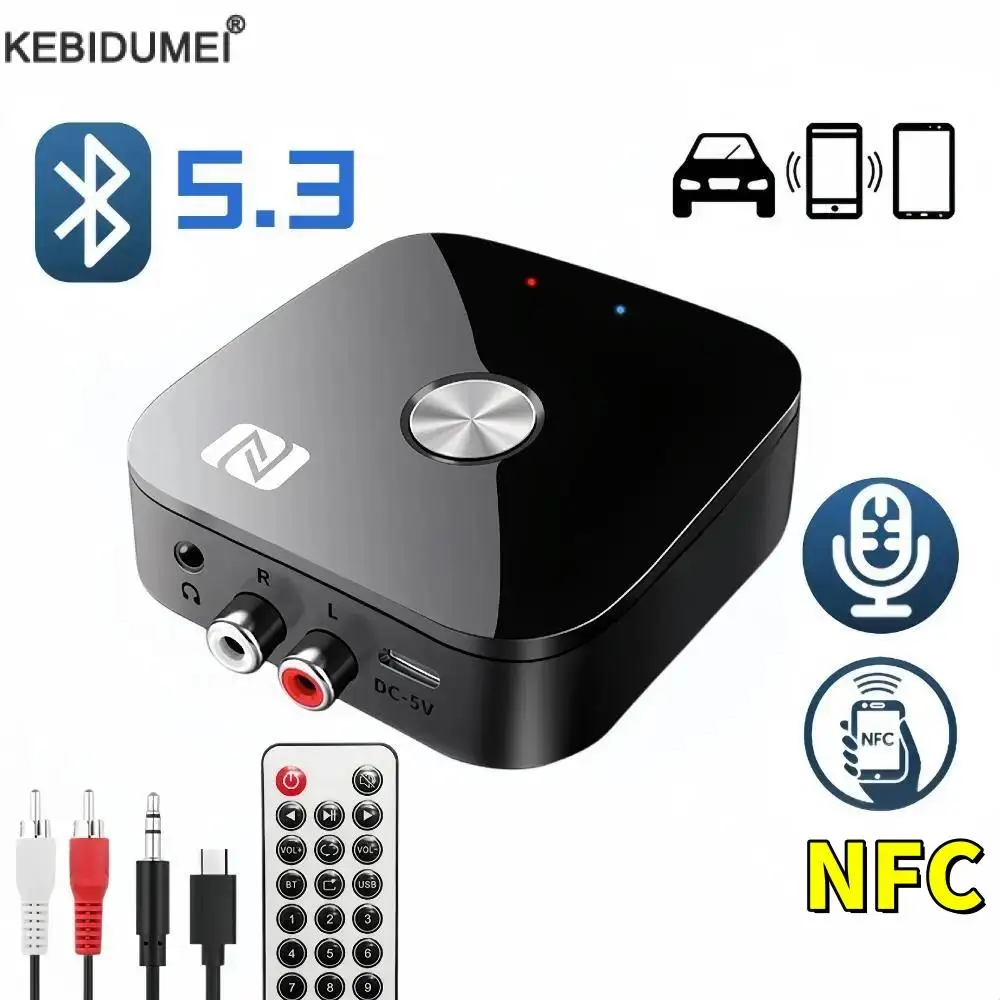 NFC Bluetooth 5.3 เครื่องรับสัญญาณเสียง 3.5 มม.AUX R/L RCA สเตอริโอ Lossless HIFI เพลงอะแดปเตอร์ไร้สาย USB U-Disk Play รีโมทคอนโทรล
