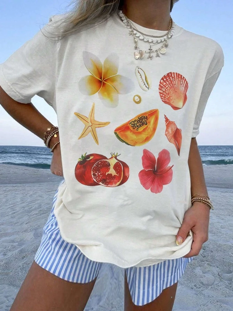 

Plus Size Women's Tshirt Seashell Fruit and Flower Vintage Graphic Tops Fashion Casual Tee Short Sleeve Cotton Female T Shirt