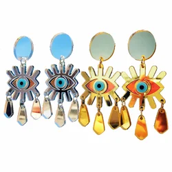 New Gold Color Acrylic Mirrored Eyes Long Drop Earrings for Women Statement Evil Eye Teardrop Tassel Earring Funny Jewelry Gifts