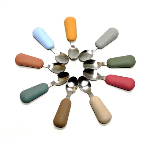 어린이 포크 스푼 세트 아기 포크 스푼 짧은 손잡이 스테인레스 스틸 실리콘 포크 스푼 아기 보충 포크 스푼