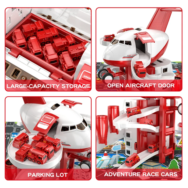 The children's deformation transport plane toy and fire rail car are suitable for children aged 3-7 and come with a game mat.