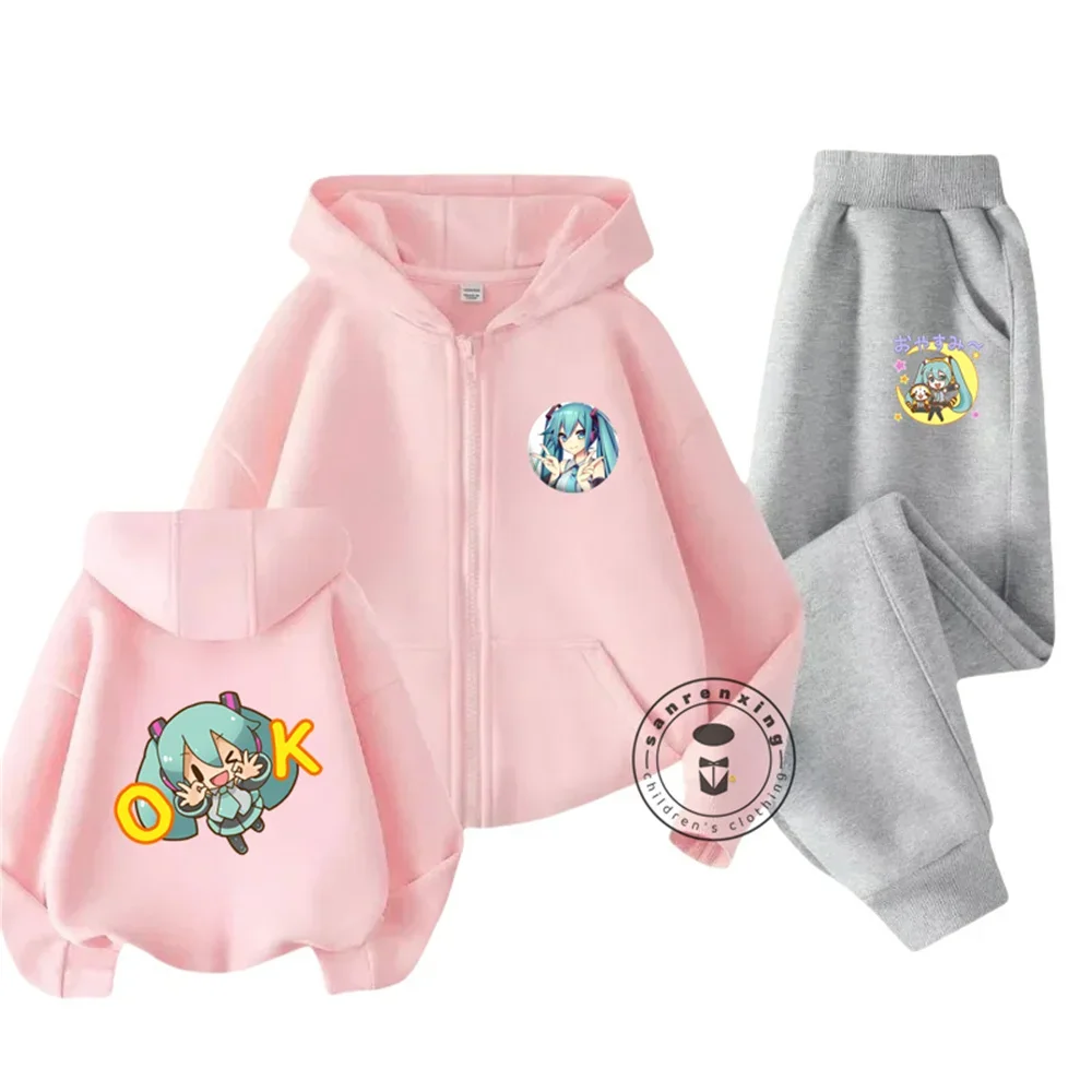 2025 New Hatsune Miku Girls Kids Zipper Hoodie Set 3-14 Spring Girls Boys Birthday Gift Fashion Casual Hoodie + Pants