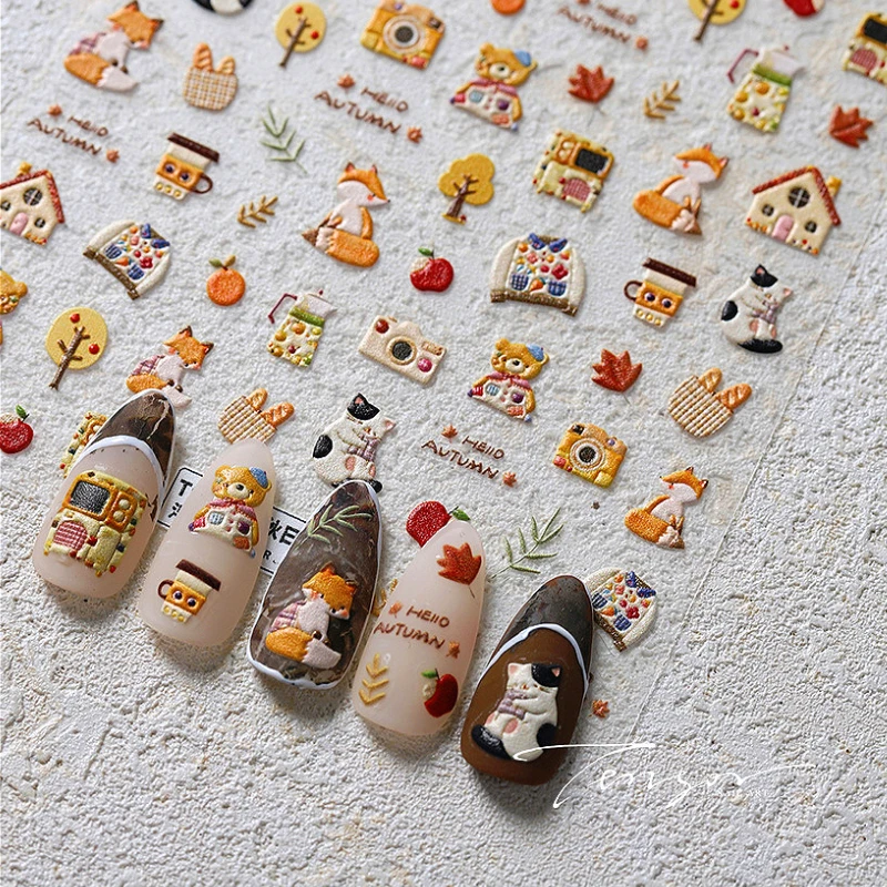 Lovely Autumn Bear Cat Fox Tree Fruits Bread 5D Reliefs Self Adhesive Nail Art Stickers Cute Cartoon Manicure Decals Wholesale