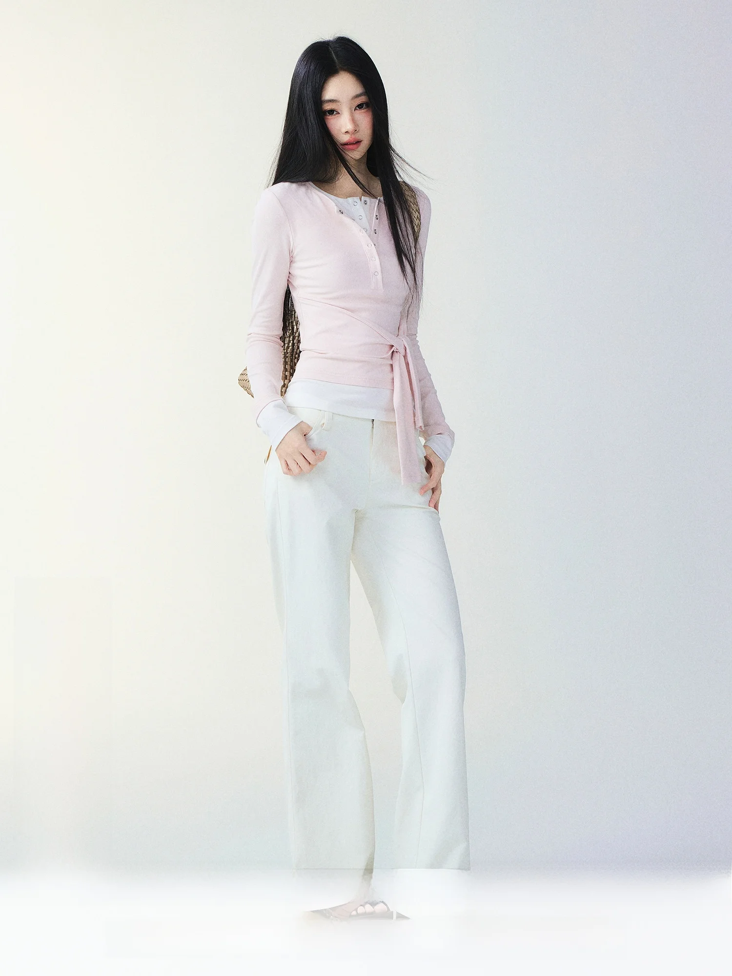 

Футболка Trendkill Commuter Sle Slim Fit, корейская версия, воротник Генри, пояс, дизайн, цветная блузка, топ для женщин