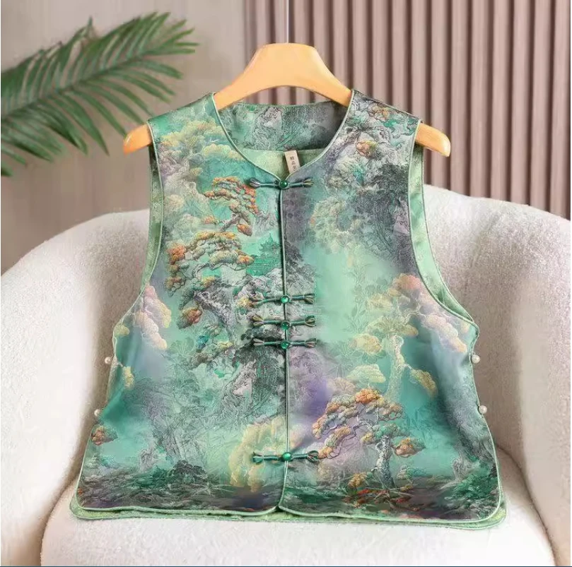 

Chinese style buckle vest with jacquard embroidery, 2025 new summer top, retro camisole jacket