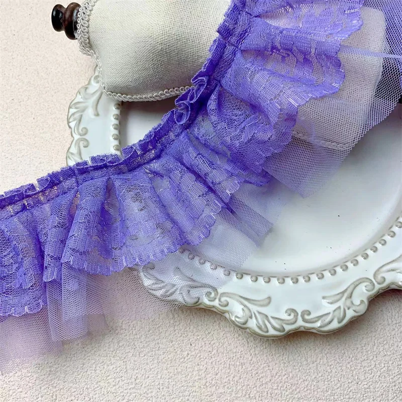 9CM Wide Double Layers Purple Tulle Mesh Wrinkled Embroidered Ribbon Ruffle Lace Trim Dress Curtains Apparel DIY Sewing Decor